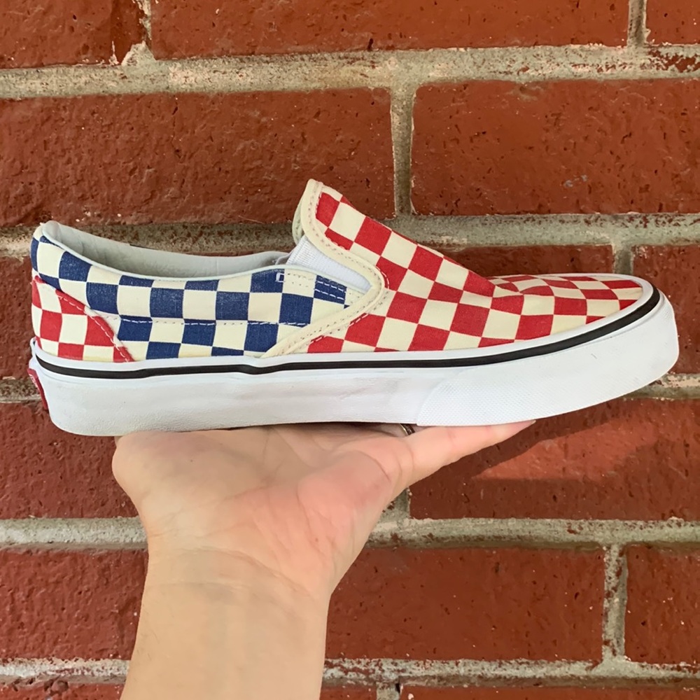 Women’s Vans red white blue checkered slip on 6